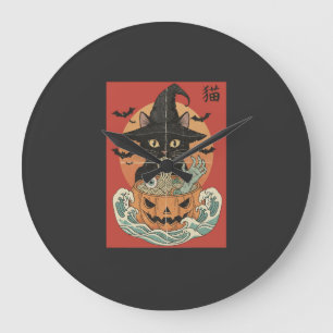 Grande Horloge Ronde Chat noir mange du ramen japonais pour Halloween