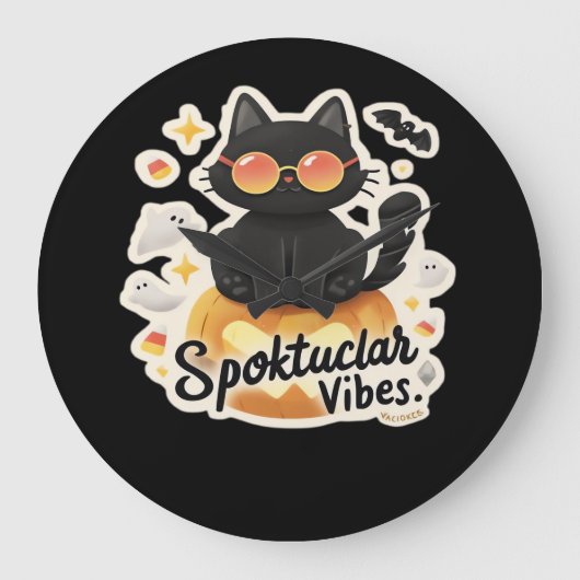 Grande Horloge Ronde Chat noir mignon Halloween Citrouille T-shirt surd (Recto)
