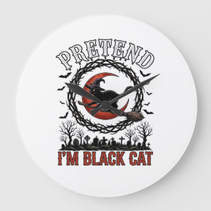Grande Horloge Ronde Chat noir prétendu chapeau de sorcière Halloween L