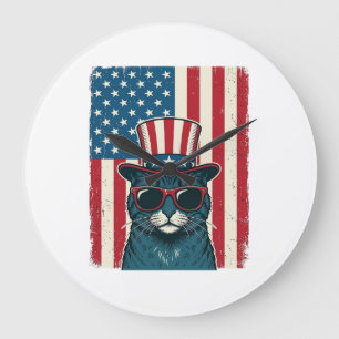 Grande Horloge Ronde Chat Patriotique Drapeau Gravure Vintage Design de