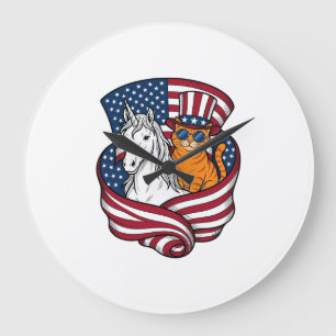 Grande Horloge Ronde Chat patriotique et licorne vintage vector design_