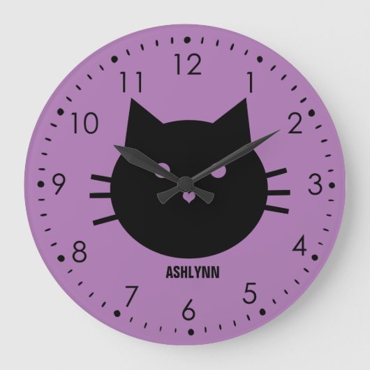 Grande Horloge Ronde Chat pourpre personnalisé (Recto)