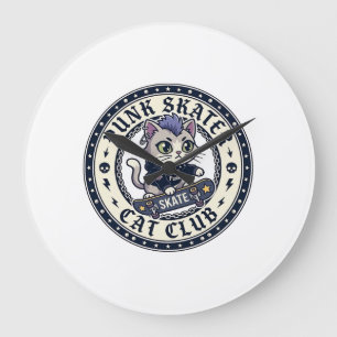 Grande Horloge Ronde Chat Punk Skateur Drôle Conception pour Amateur de
