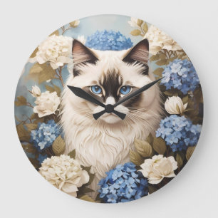 Grande Horloge Ronde Chat Ragdoll Avec Fleurs Bleues D'Hydrangée