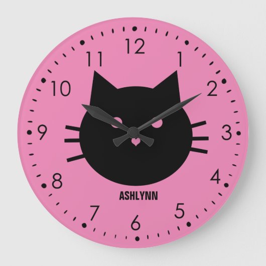 Grande Horloge Ronde Chat rose mignon personnalisé (Recto)
