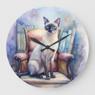Grande Horloge Ronde Chat siamois élégant avec charme antique - W Vinta
