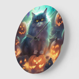 Grande Horloge Ronde Chat Sibérien Halloween Avec Des Citrouilles Effra