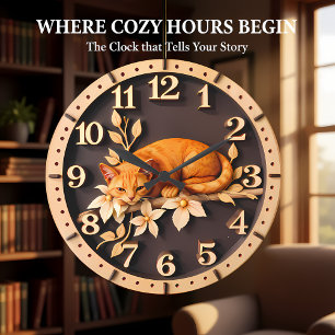 Grande Horloge Ronde Chat tigré au repos Fleur