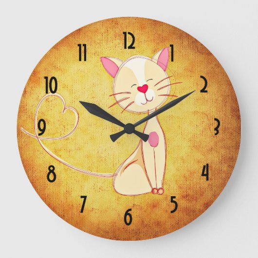 Grande Horloge Ronde Chat très heureux avec une queue de coeur (Recto)