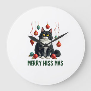 Grande Horloge Ronde Chat Tuxedo de Noël avec décorations de fêtes Joye