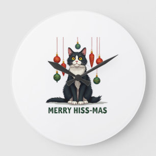 Grande Horloge Ronde Chat Tuxedo de Noël avec décorations de fêtes Joye