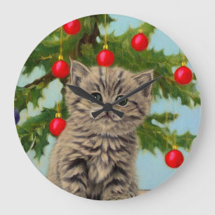 Grande Horloge Ronde Chat vintage et sapin de Noël