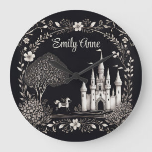Grande Horloge Ronde Château de Conte de Foire Noir et Blanc avec Cheva