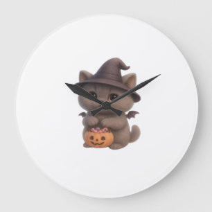 Grande Horloge Ronde Chaton adorable en costume de sorcière d'Halloween