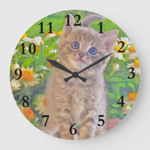 Grande Horloge Ronde Chaton et fleurs