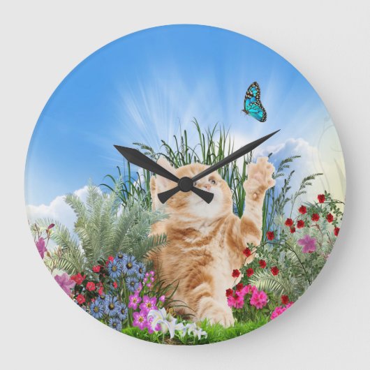 Grande Horloge Ronde Chaton gingembre jouant avec un papillon (Recto)