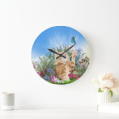 Grande Horloge Ronde Chaton gingembre jouant avec un papillon (Maison)