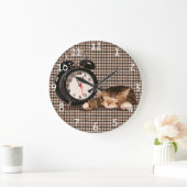 Grande Horloge Ronde chaton houndstooth rétro (Maison)