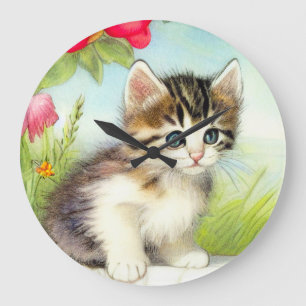 Grande Horloge Ronde Chaton vintage blanc et Brown avec fleurs
