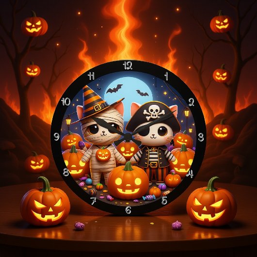 Grande Horloge Ronde Chatons d'Halloween éffrayants et Citrouilles