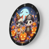 Grande Horloge Ronde Chatons d'Halloween éffrayants et Citrouilles (Angle)