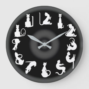 Grande Horloge Ronde CHATS BLANCS sur le NOIR par Slipperywindow