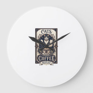 Grande Horloge Ronde Chats Café Répéter Chat Café Vintage Vector Art S