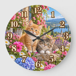 Grande Horloge Ronde Chats dans un jardin de cottage à l'horloge