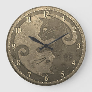Grande Horloge Ronde Chats de Yin Yang d'or