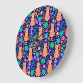 Grande Horloge Ronde Chats et fleurs tropicales : Motif foncé (Angle)
