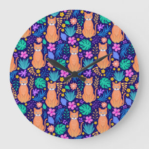 Grande Horloge Ronde Chats et fleurs tropicales : Motif foncé