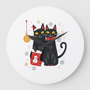 Grande Horloge Ronde Chats Noël Rétro 50s 60s Xmas (2)