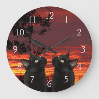 Grande Horloge Ronde Chats noirs Coucher de soleil rouge cadenas mural 