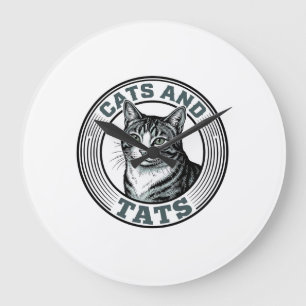 Grande Horloge Ronde Chats Rétro et Tatouages Gravure Design de Chat_1