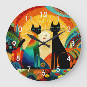 Grande Horloge Ronde Chats sur fond lumineux et coloré,