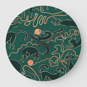 Grande Horloge Ronde Chats Vintages : Doodle Motif transparent