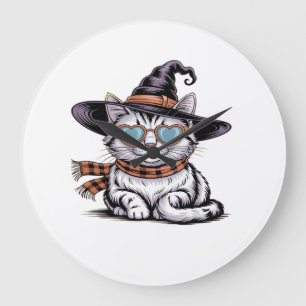 Grande Horloge Ronde Chatte sorcière cool Chat de Halloween mignon ave