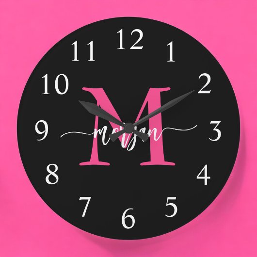 Grande Horloge Ronde Chaud rose noir moderne Script Girl Monogramme Nom