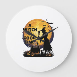 Grande Horloge Ronde Chaudière de lune d'Halloween de bonne sorcière_1