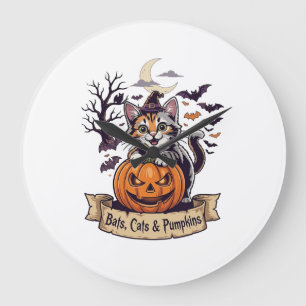 Grande Horloge Ronde Chauves-souris Chats Citrouilles Halloween Sorcièr