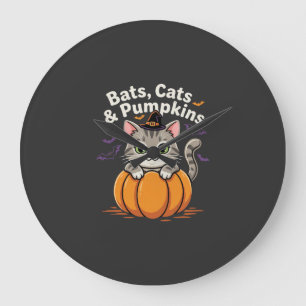 Grande Horloge Ronde Chauves-souris de Halloween Chats et Citrouilles C