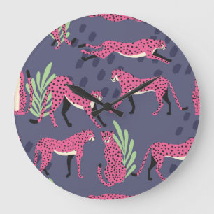 Grande Horloge Ronde Cheetahs exotiques : motif vintage coloré.