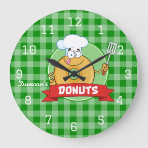 Grande Horloge Ronde Chef Cuisine Beignet Gingham Vert