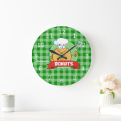 Grande Horloge Ronde Chef Cuisine Beignet Gingham Vert (Maison)