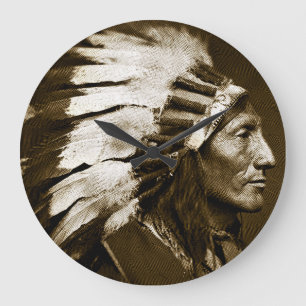 Grande Horloge Ronde Chef indien américain (Sepia)