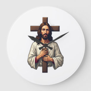 Grande Horloge Ronde Chemise à gravure vintage portrait de Jésus Croix