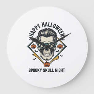 Grande Horloge Ronde Chemise crâne Halloween Gravure vintage Graphique_