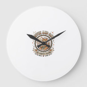Grande Horloge Ronde Chemise d'art vectoriel vintage Café et chats Chat