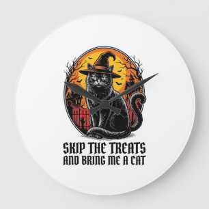 Grande Horloge Ronde Chemise de chat Halloween Gravure vintage Épouvant
