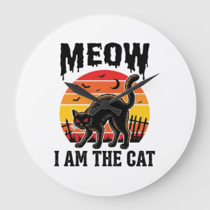 Grande Horloge Ronde Chemise de chat Halloween Meow Design de chat noir